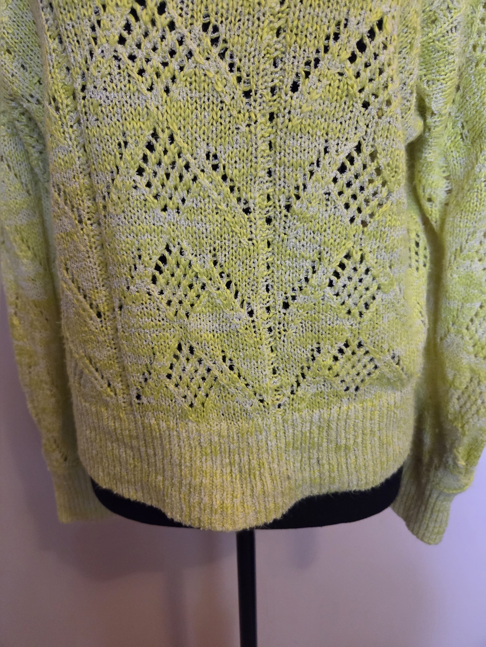 Cleo Open-Knit Crewneck Sweater in Green & Yellow Size Large - Picture 3 of 8
